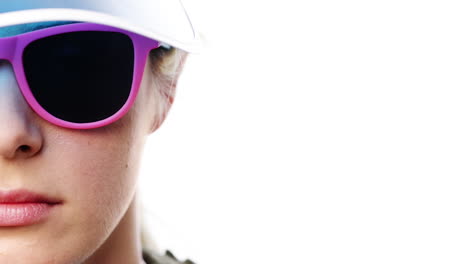Woman-wearing-sunglasses-portrait-close-up-half-face-character-series-isolated-on-pure-white-background